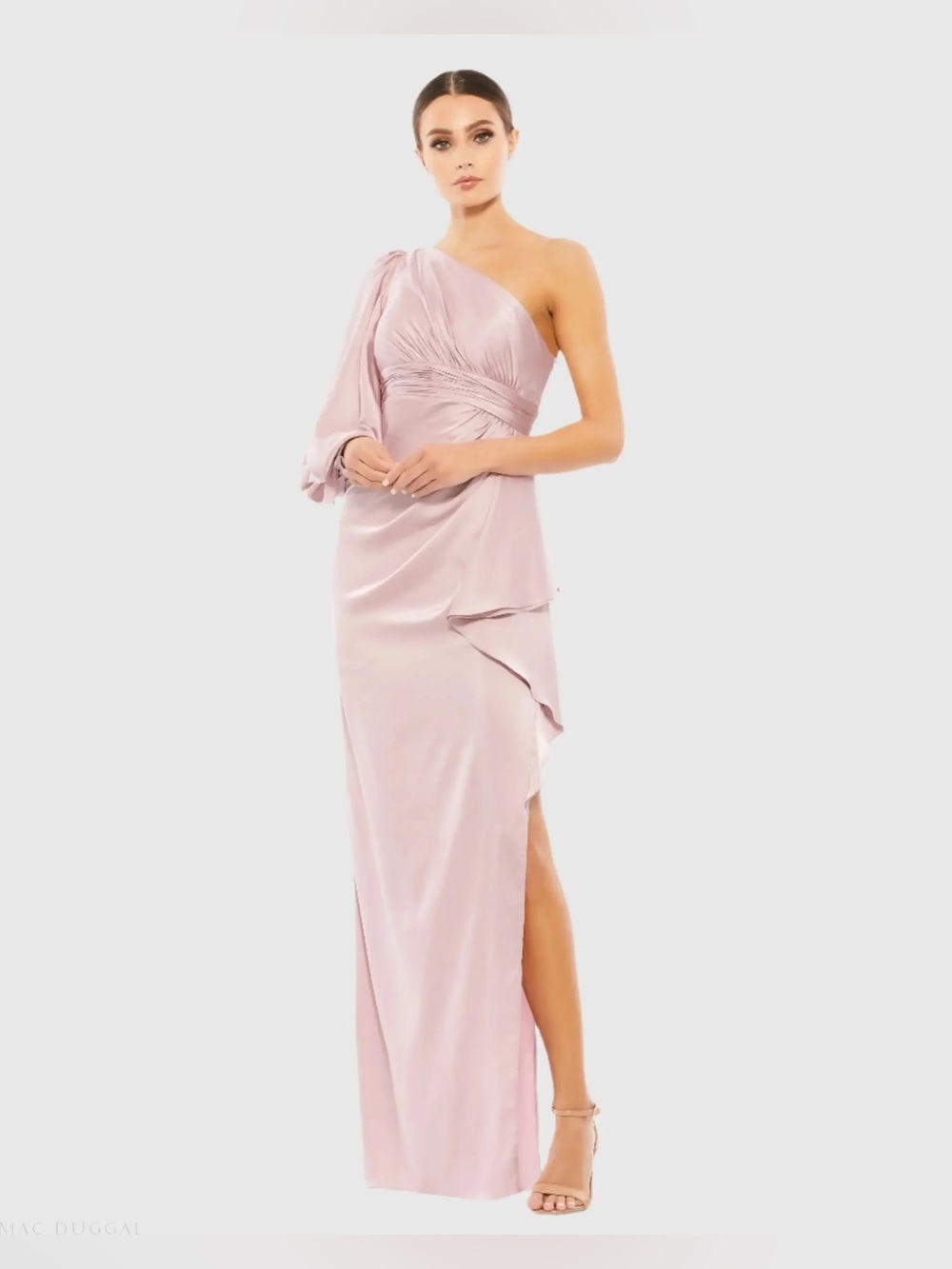 NWT Leena Mac Duggal Pink  One-Shoulder Bishop Sleeve Gown 55398 Size 4 $398